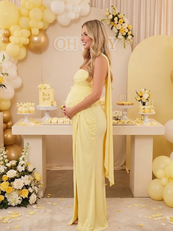 Momyknows Bandeau Ruffle Slit Backless Maternity Baby Shower Maxi Dress - Yellow - 4