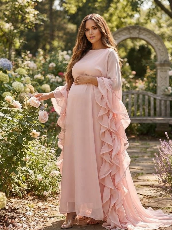 Momyknows Pink Ruffle Tulle Tutu Backless Big Swing Maternity Photoshoot Maxi Dress - Pink - 2