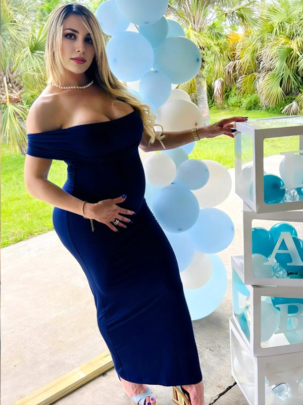 Momyknows Dark Blue Off Shoulder Backless Reched Maternity Baby Shower Maxi Dress