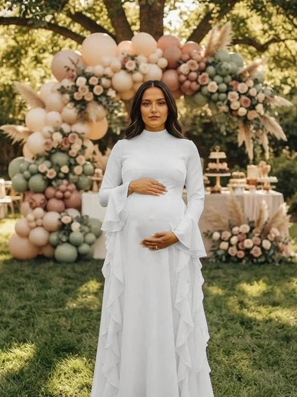 Momyknows White Ruffle Flare Sleeve Big Swing Sheer Maternity Baby Shower Maxi Dress - White - 3