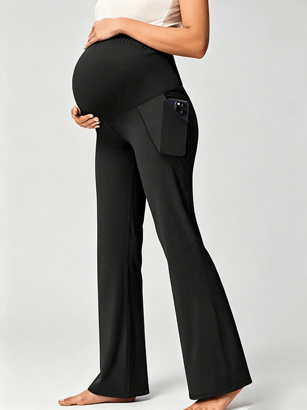 Momyknows Comfortable Pockets Patchwork Stretchy Casual Daily Bootcut Maternity Leggings - Black - 2