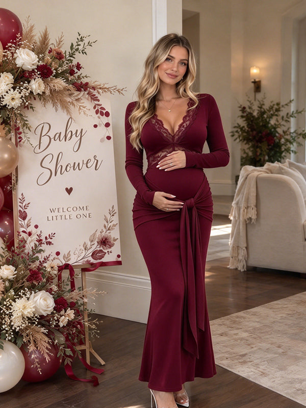 Red Lace Maternity Maxi Dress with Ruched Details and Lace Up Bodice and Flattering Fit, Baby Shower Occasion