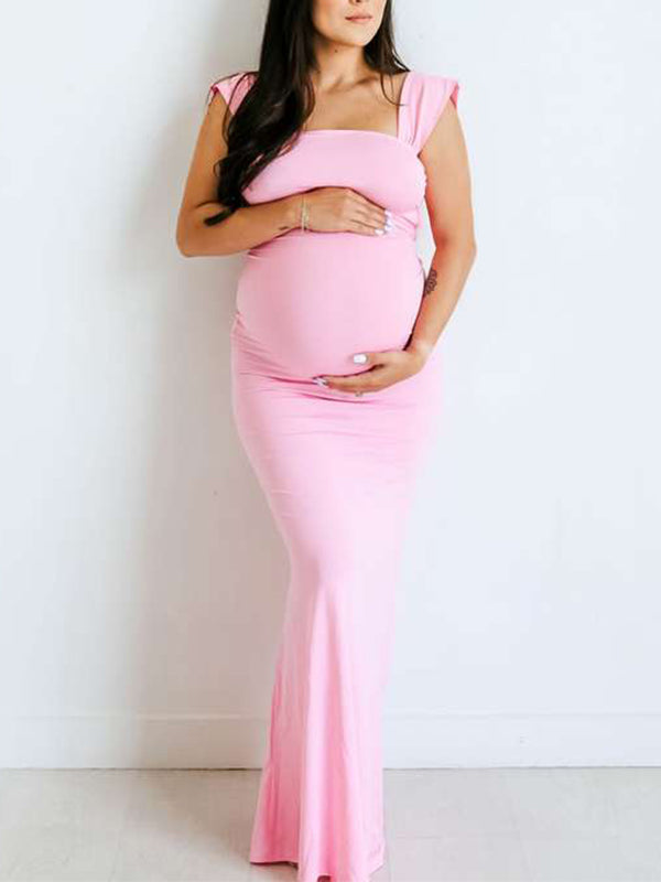 Momyknows Pink Spaghetti Strap Backless Tie Back Bandage Mermaid Bodycon Elegant Baby Shower Maternity Maxi Dress