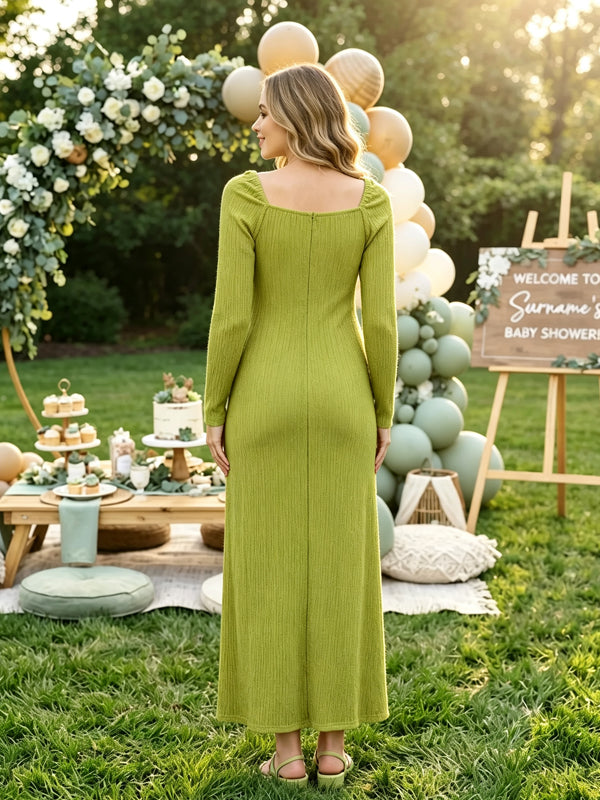 Green Maternity Dress with Twisted Details and Ruffle Accents and Long Sleeves
