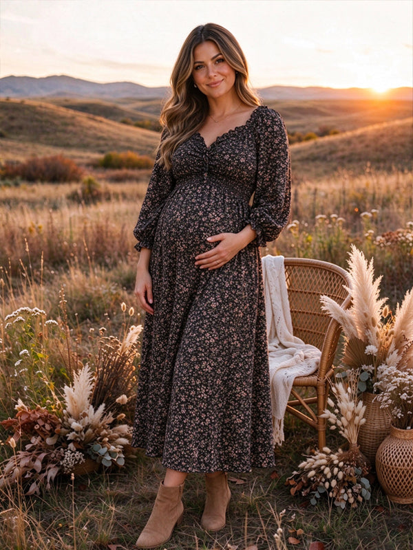 Black Printed Maternity Maxi Dress with Puff Sleeves and Flattering Fit, Photoshoot Occasion