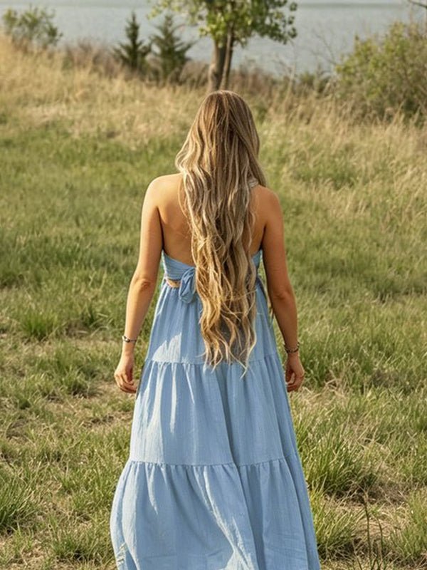 Momyknows Boho Blue Backless Tie Back Bowknot Halter Neck Flowy Photoshoot Western Maternity Maxi Dress - Blue - 4
