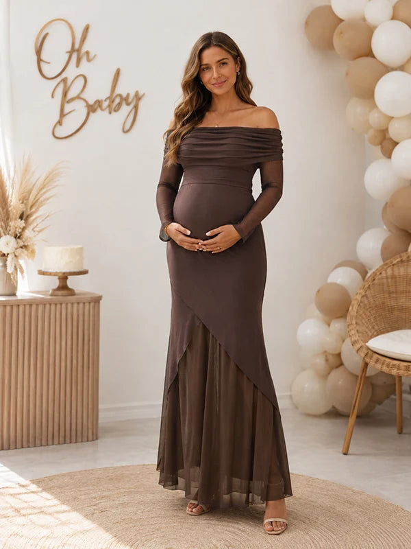 Elegant Off Shoulder Mesh Baby Shower Maternity Maxi Dress
