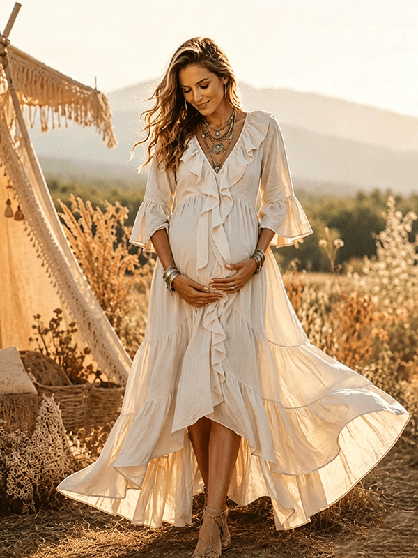 Momyknows Apricot Elegant Irregular Falbala Maternity Photoshoot Maxi Dress - Apricot - 1