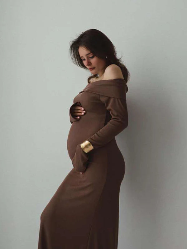 off the shoulder sweater maxi dress Momyknows Off Shoulder Knit Bodycon Mermaid Going Out Baby Shower Maternity Sweater Maxi Dress Coffee / M