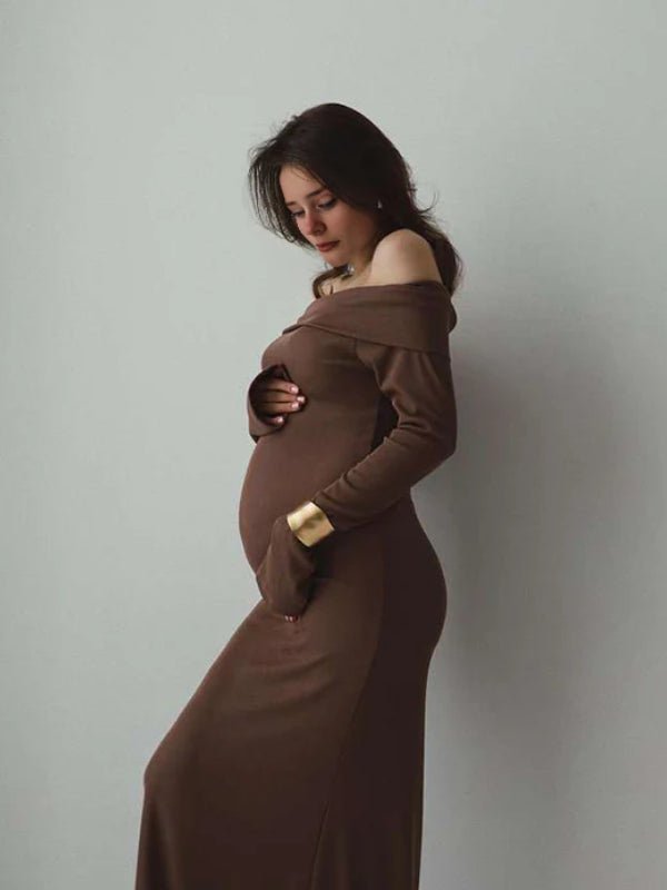 Momyknows Off Shoulder Knit Bodycon Mermaid Going Out Baby Shower Maternity Sweater Maxi Dress, Coffee / M