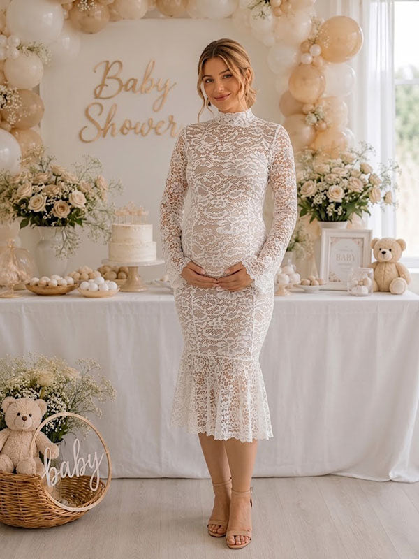 Momyknows Elegant White Bodycon Lace Mermaid Baby Shower Maternity Midi Dress