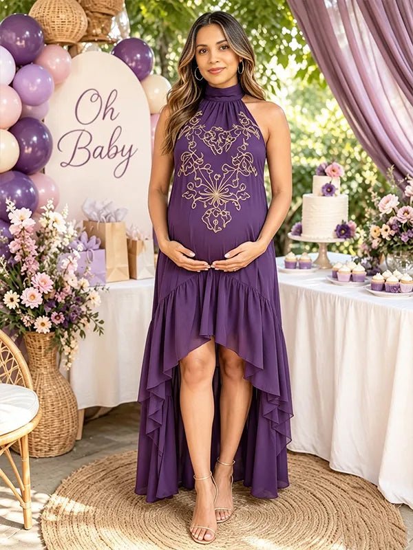 Momyknows Purple Open Back Halter Neck Falbala Embroidery Irregular Baby Shower Maxi Dress - Purple - 1