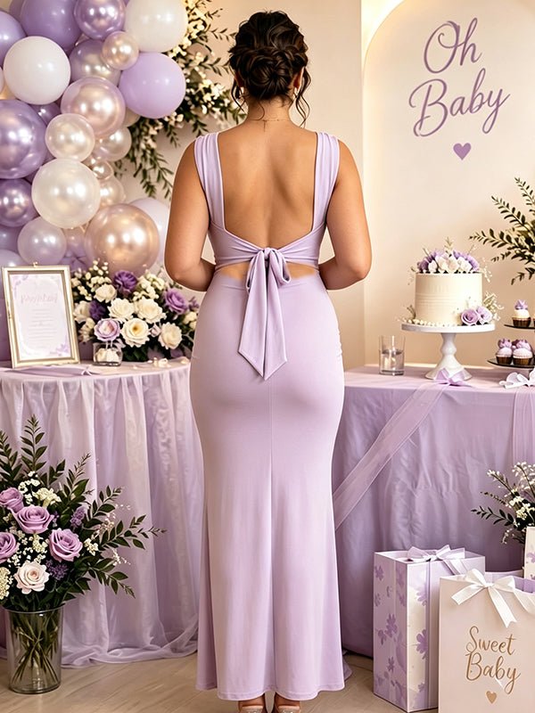 Momyknows Open Back Side Slit Lace-Up Ruched Bodycon Bowknot Baby Shower Maxi Dress - Purple - 2