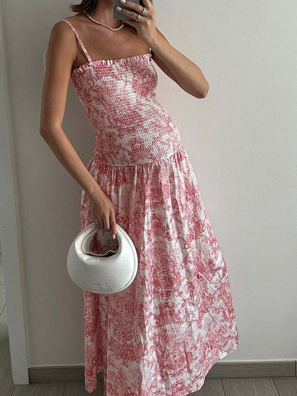 Momyknows Pink  Printed High Waist Tube Top Smocked  Floral  Maternity Maxi Dress