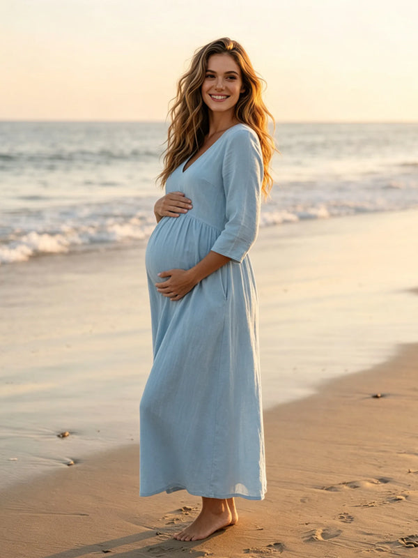 Blue Long V-Neck Maternity Dress with Three-Quarter Sleeves and Pockets