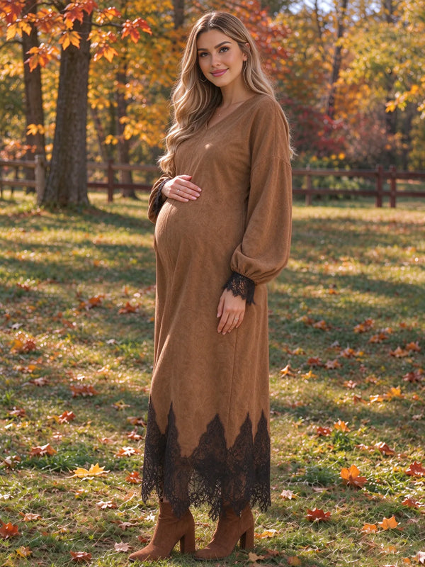 Brown Maternity Maxi Dress with Suede-Like Fabric and Lace Inserts and Elegant Silhouette