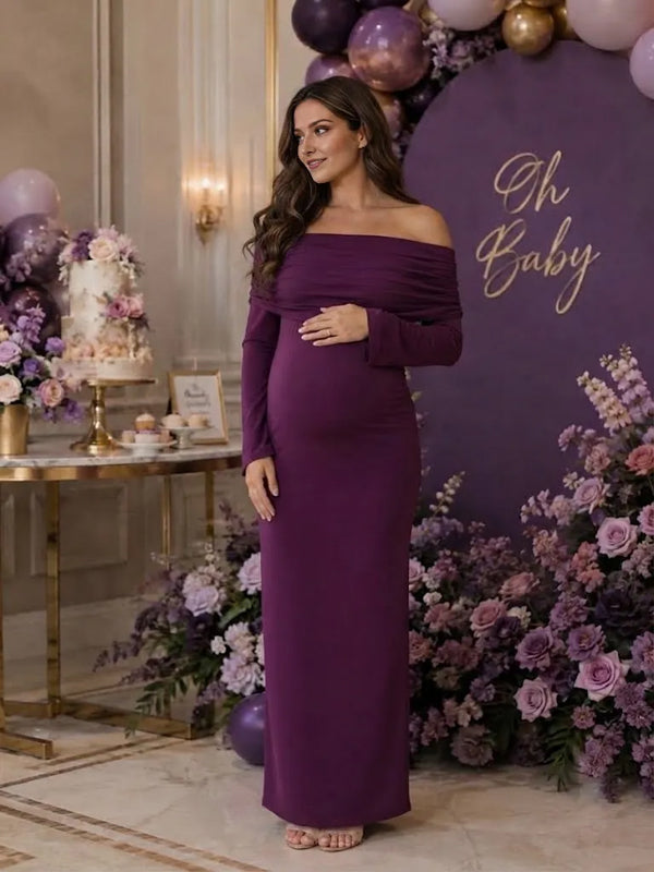 Purple Off Shoulder Maternity Maxi Dress with Back Split Design and Flattering Silhouette