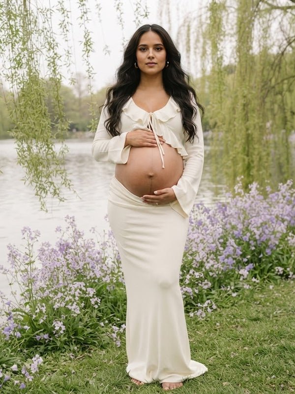 Momyknows Ruffle Lace Up Two Piece Maternity Photoshoot Maxi Dress - White - 1