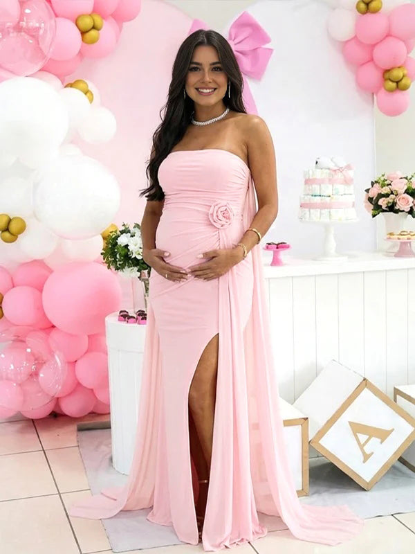 Momyknows Pink 3D Flower Ruched Side Slit Backless Grenadine Splicing Maternity Baby Shower Maxi Dress