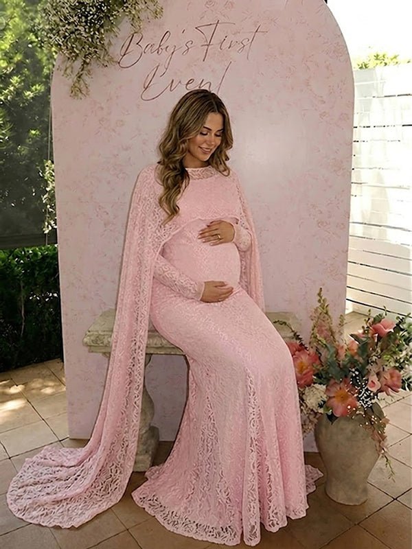 Momyknows Elegant Lace Cape Bodycon Baby Shower Maternity Maxi Dress - Pink - 2