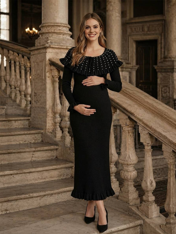 Black High-Waisted A-Line Maternity Maxi Skirt with Ruffle Details and Flattering Fit, Photoshoot