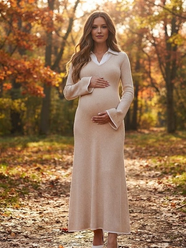 Momyknows Rice White Turndown Collar Crochet Big Swing Maternity Photoshoot Maxi Dress - Rice White - 2
