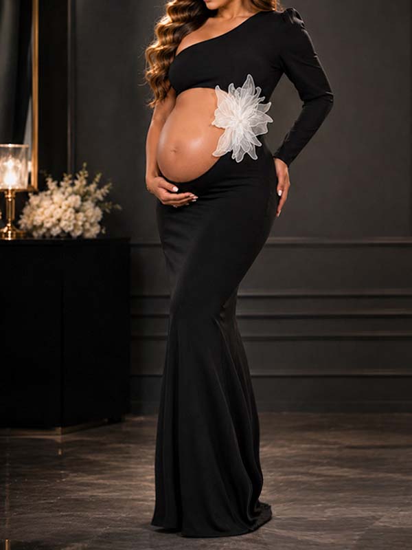 Momyknows Black Midriff Slit Zipper 3D Flowers off-shoulder Maternity Photoshoot Maxi Dress - Black - 1