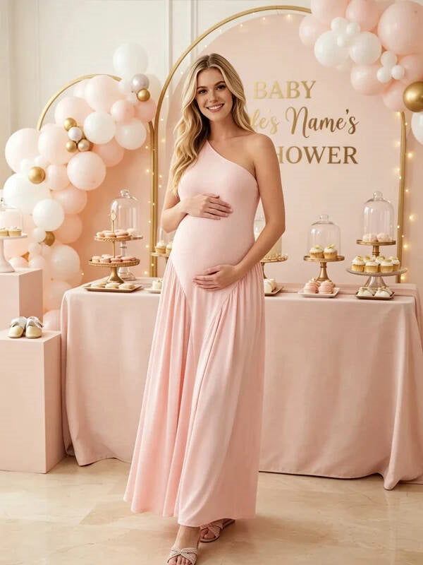 Pink Elegant Oblique Shoulder Pleated Maternity Dresses