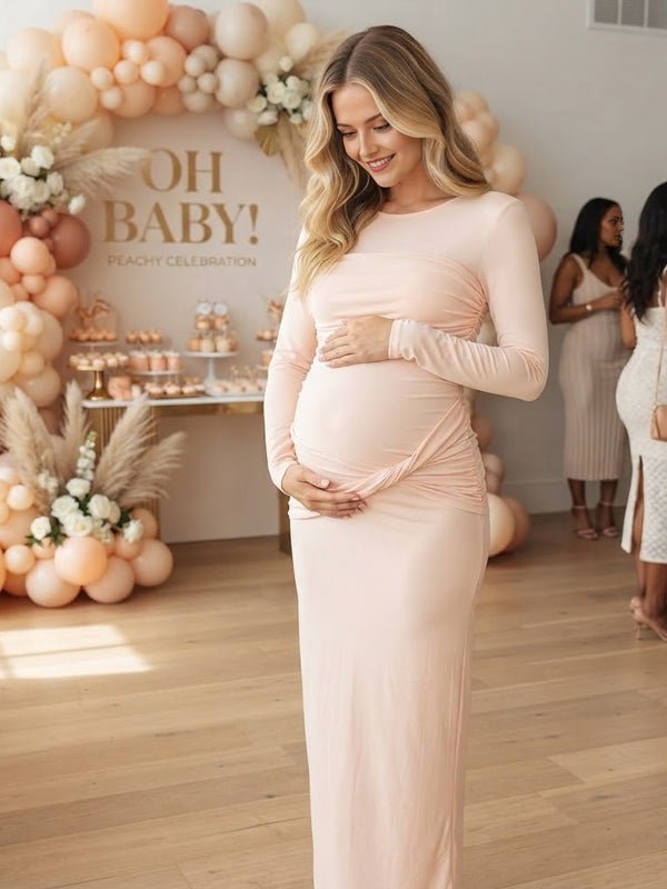 Momyknows Round Neck Ruched Bodycon Maternity Baby Shower Maxi Dress - Apricot - 2