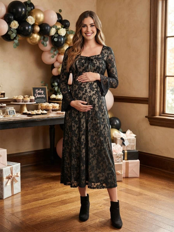 Black Elegant Lace Flare-Sleeve A-Line Maternity Midi Dress with Flattering Fit, Baby Shower