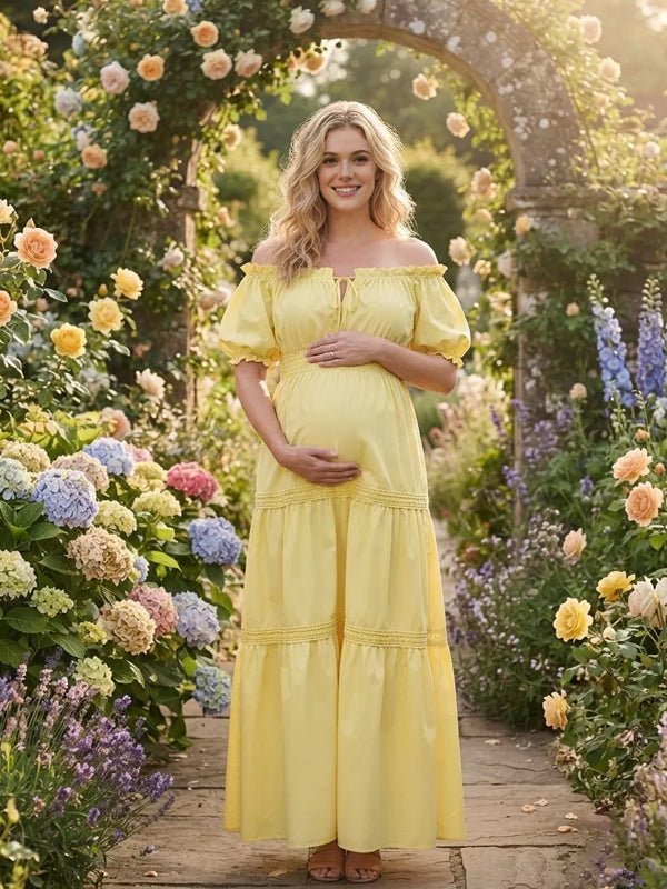 Momyknows Yellow Off Shoulder Puff Sleeve Full Skirt Ruffle Photoshoot Maternity Midi Dress - Yellow - 4