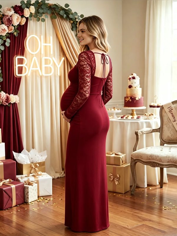Momyknows Wine Red Long Sleeve Square Neck Lace backless Slit Solid Color Maternity Baby Shower Maxi Dress - Wine Red - 2