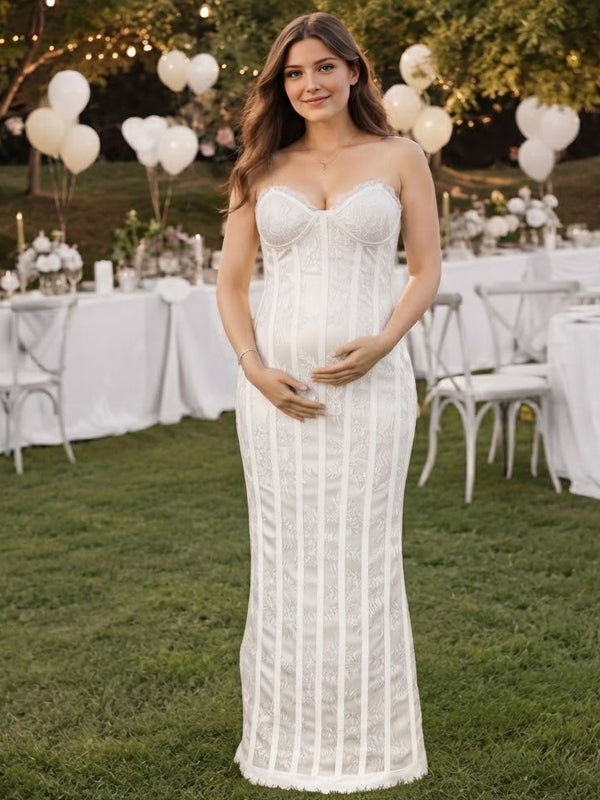 White Elegant Maternity Maxi Dress with Lace Splicing and Backless Design and Flattering Fit, Baby Shower Occasion