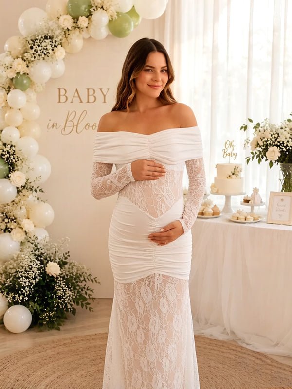 Momyknows Elegant White Off Shoulder Bodycon Ruched Mermaid Lace Maternity Baby Shower Maxi Dress, White / M