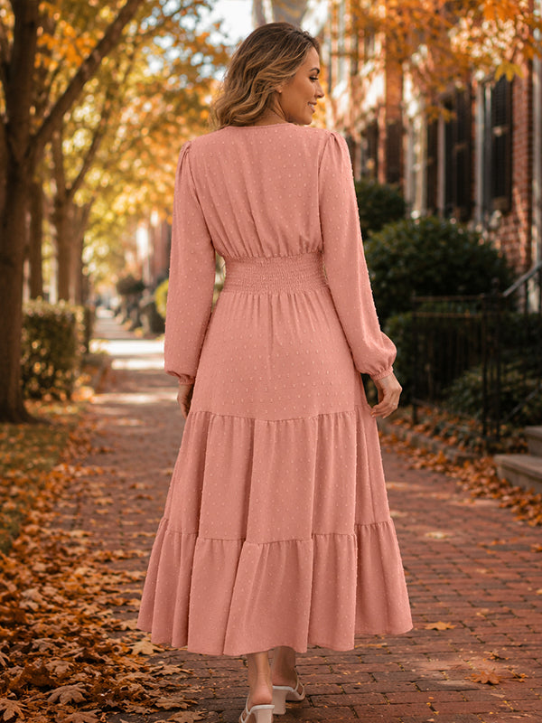 Pink Elegant Smocked Maternity Midi Dress with Ruffle Accents and Flattering Fit