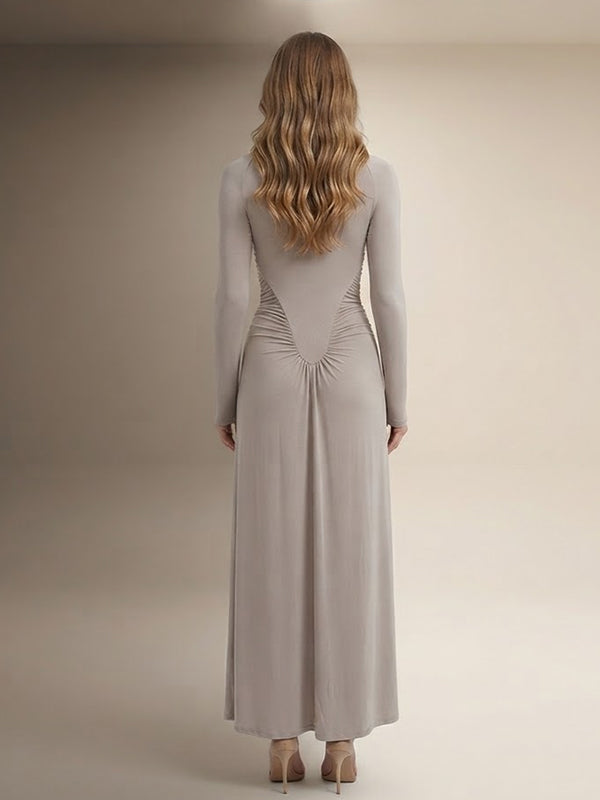 Grey High Neck Maternity Maxi Dress with Ruched Detail and Elegant Fit