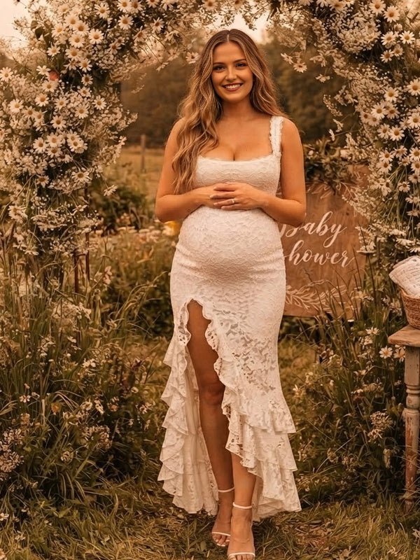 Momyknows White Spaghetti Strap Ruffle Lace Side Slit Backless Maternity Baby Shower Maxi Dress - White - 4