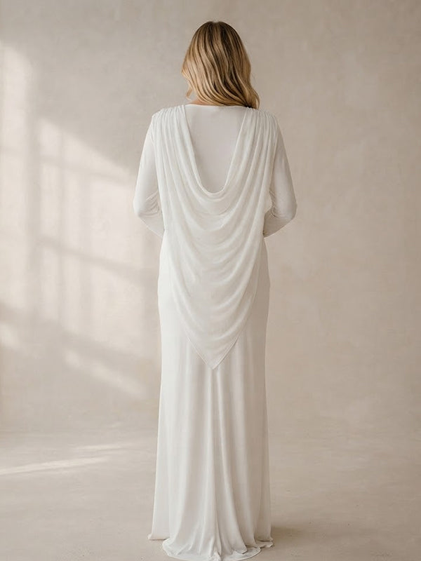 White Ruched Maternity Maxi Dress with Elegant Cape and Grenadine Accents