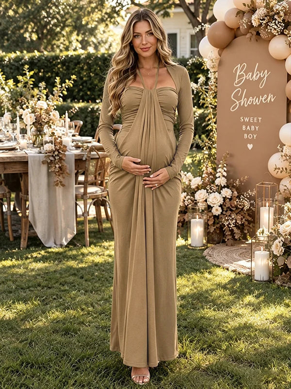 Halter Neck Ribbon Ruched Baby Shower Maternity Maxi Dress