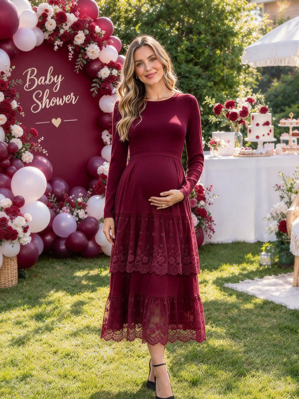 Wine Red Maternity Midi Dress with Lace Design and Big Swing Silhouette and Grenadine Detail, Baby Shower Style