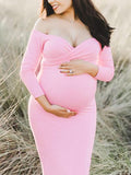 Momyknows Off Shoulder Fitted V-neck Long Sleeve Baby Shower Maternity Maxi Dress