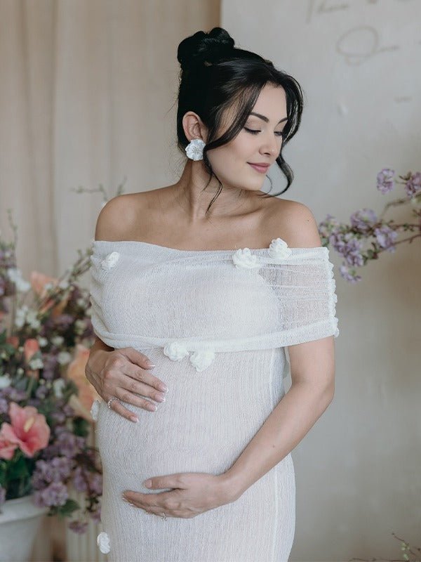 Momyknows White Off Shoulder 3D Flowers Grenadine Sheer Bodycon Elegant Beach Photoshoot Baby Shower Maternity Maxi Dress, White / 3XL