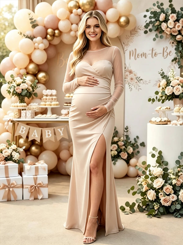 Apricot Ruffle Side Slit Tulle Splicing Maternity Dresses