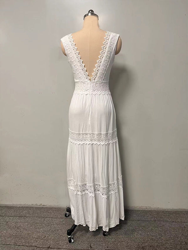 cascading ruffle lace dress Momyknows Lace Cascading Ruffle Backless Plunging Neckline Maternity Maxi Dress White / 2XL