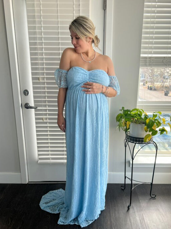 Momyknows Solid Color Lace Off Shoulder Cap Sleeve Photoshoot Maternity Maxi Dress Pink / S Momyknows Solid Color Lace Off Shoulder Cap Sleeve Photoshoot Maternity Maxi Dress Pink / S