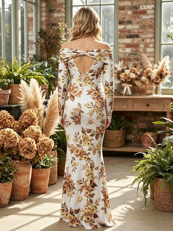 Momyknows White Off Shoulder Backless Print Ruffle Mermaid Photoshoot Maternity Maxi Dress - White - 4