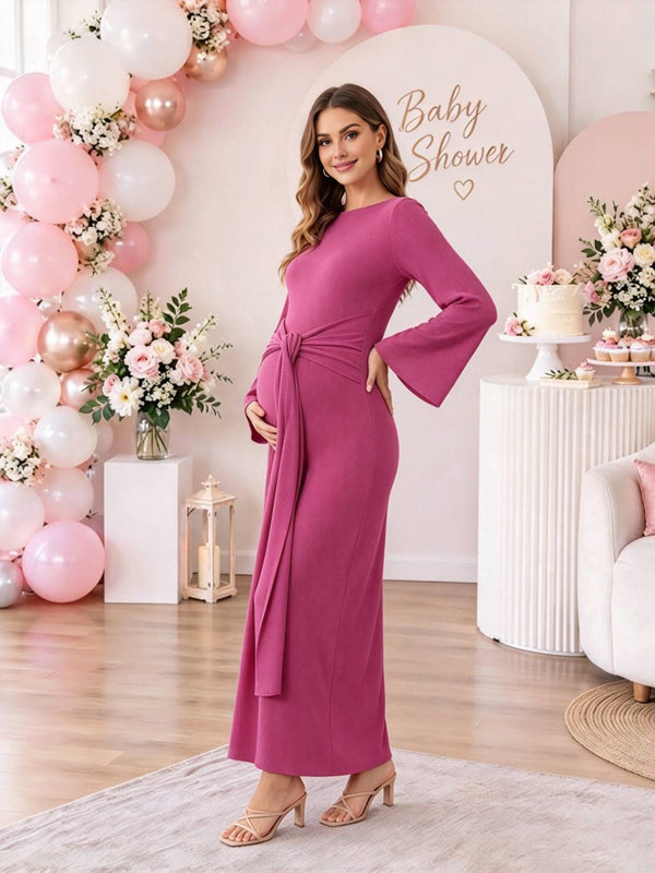 Magenta Maternity Maxi Dress with Lace-Up Design and Bell Sleeves