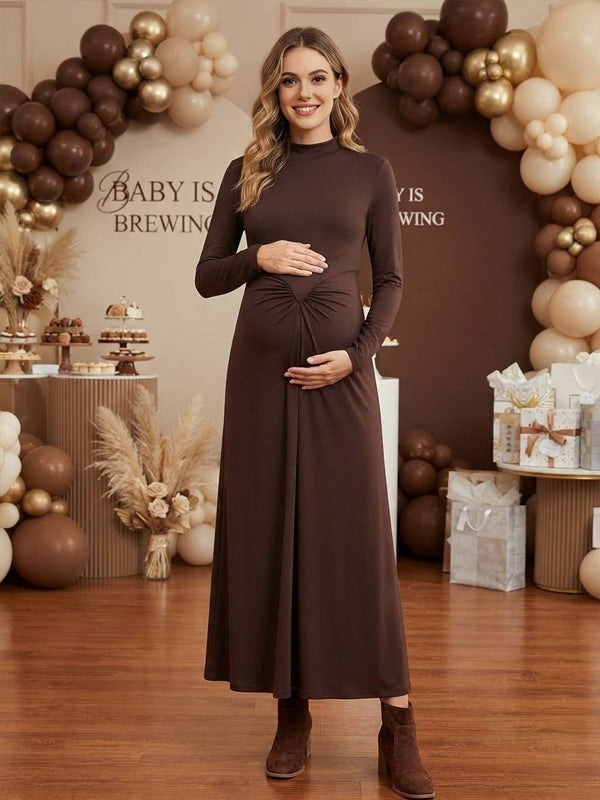 Brown Ruffle Maternity Maxi Dress with Round Neck and Bodycon Fit, Baby Shower
