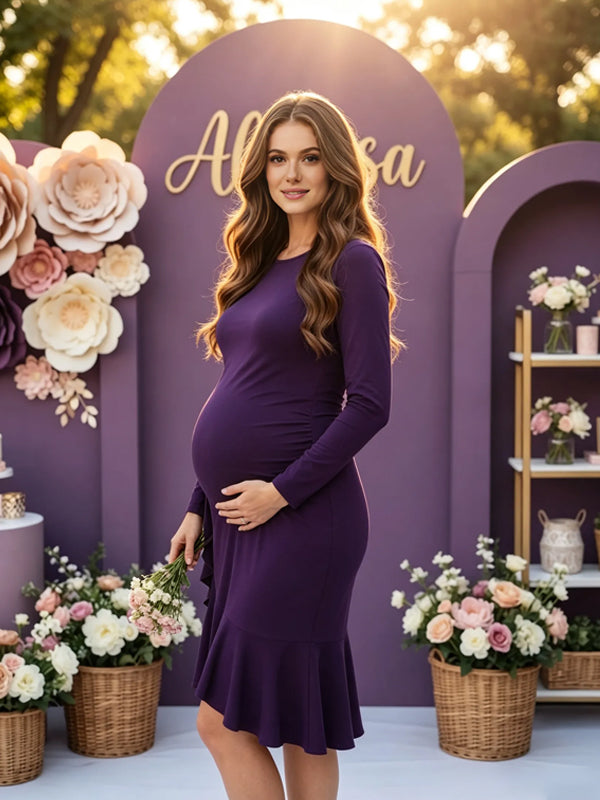 Purple Midi Maternity Dress with Asymmetrical Ruffle Details and Form-Fitting Cut