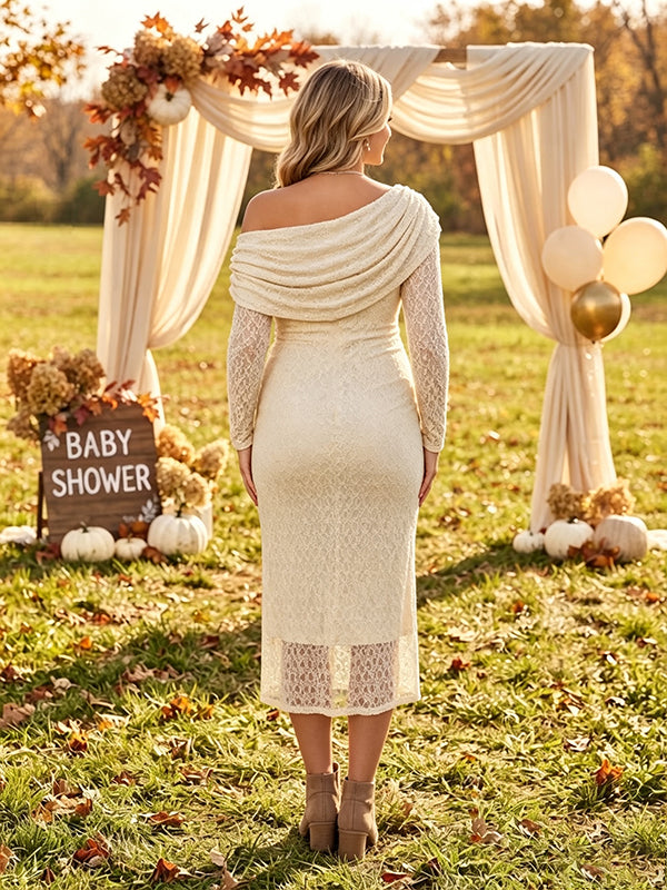 Apricot Plus Size Maternity Lace Dress with Asymmetrical Shoulder and Elegant Silhouette